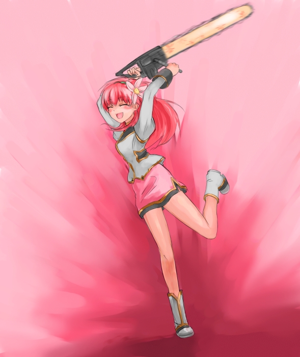 nyama, milfeulle sakuraba, galaxy angel, 00s, 1girl, chainsaw, flower, hair flower, hair ornament, long hair, out of character, pencil skirt, pink background, pink hair, pink skirt, pink theme, skirt, smile