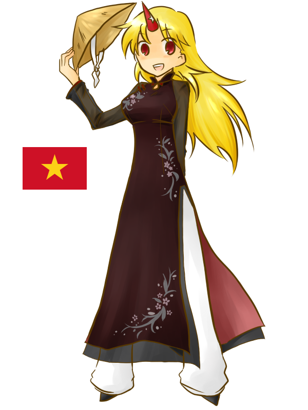 satou (pixiv170616), hoshiguma yuugi, touhou, bad id, bad pixiv id, 1girl, ao dai, blonde hair, female focus, flag, hat, hat tip, horns, long hair, red eyes, rice hat, simple background, single horn, smile, solo, vietnam