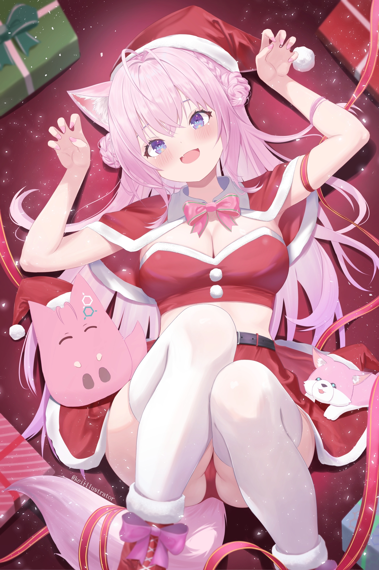 kei (keiillustrator), hakui koyori, hololive, commentary request, highres, 1girl, animal ears, breasts, cleavage, fang, fur-trimmed headwear, fur-trimmed tube top, fur trim, hat, large breasts, long hair, looking at viewer, lying, on back, open mouth, pink hair, purple eyes, red tube top, santa costume, santa hat, skin fang, solo, strapless, tail, thighhighs, tube top, very long hair, virtual youtuber, white thighhighs, wolf ears, wolf girl, wolf tail