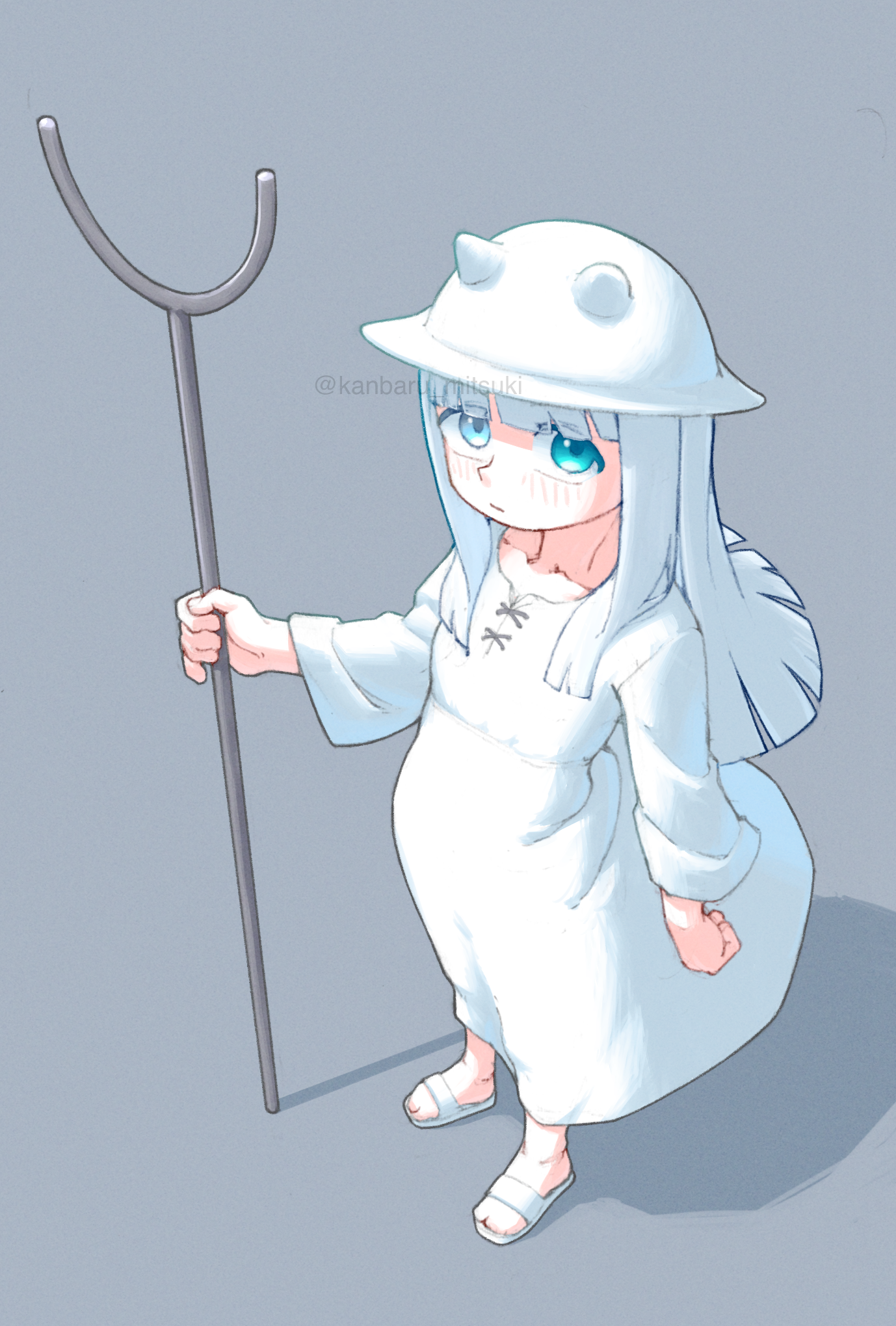 kanbaru mitsuki, the gardener (shimeji simulation), shimeji simulation, commentary request, highres, 1girl, blue eyes, dress, grey background, hat, long hair, long sleeves, looking at viewer, sandals, simple background, solo, white dress, white hair, white hat, white sandals