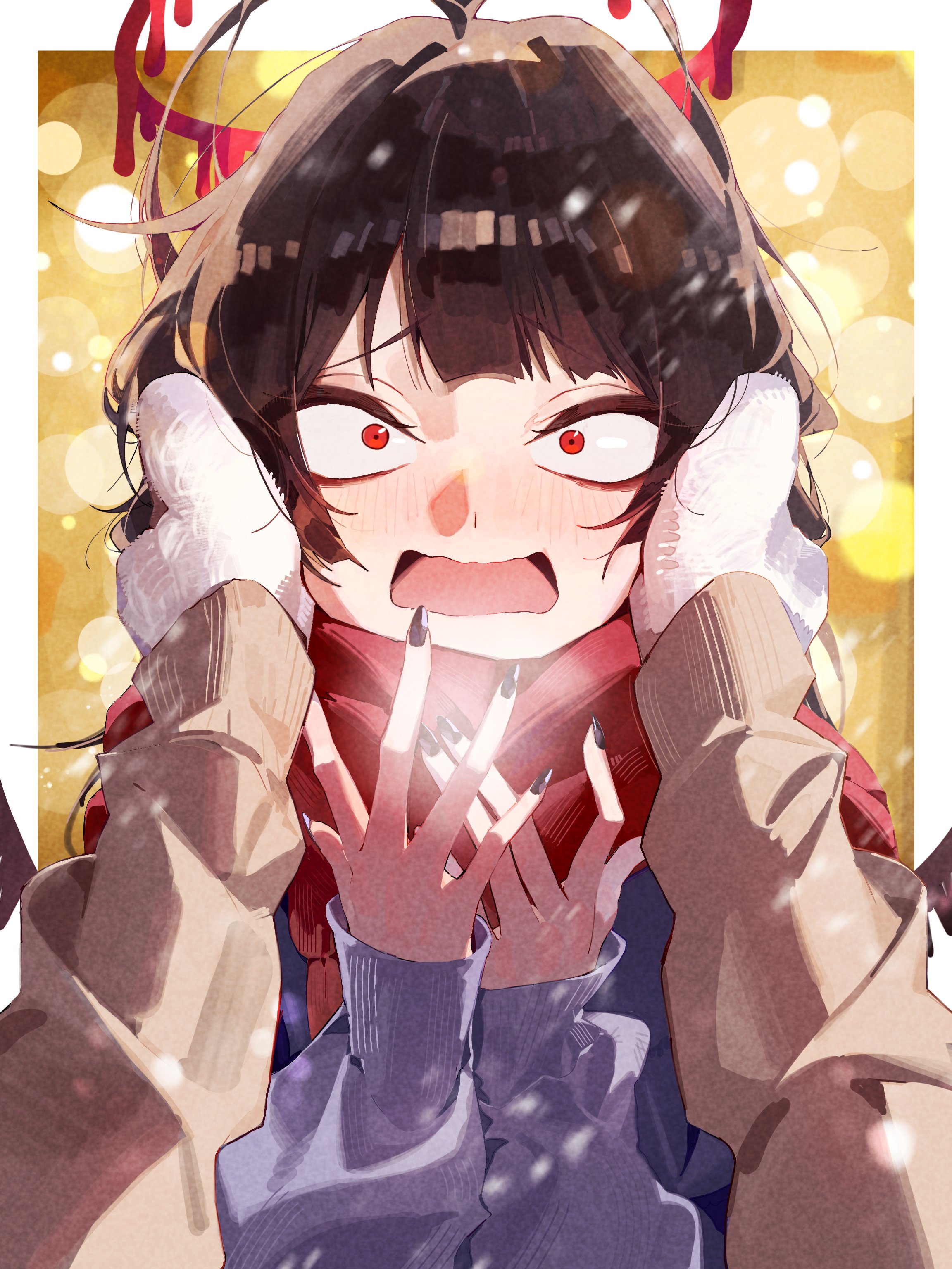 loft stein, tsurugi (blue archive), blue archive, absurdres, commentary request, highres, 1girl, 1other, antenna hair, black hair, black nails, blood, blood halo, blush, border, constricted pupils, embarrassed, gloves, halo, hands on another's face, hands up, liquid halo, long hair, long sleeves, looking at viewer, melting halo, nail polish, open mouth, outside border, pov, pov hands, purple sweater, red eyes, red halo, red scarf, scarf, sleeves past wrists, snowing, surprised, sweater, white border, white gloves, yellow sweater