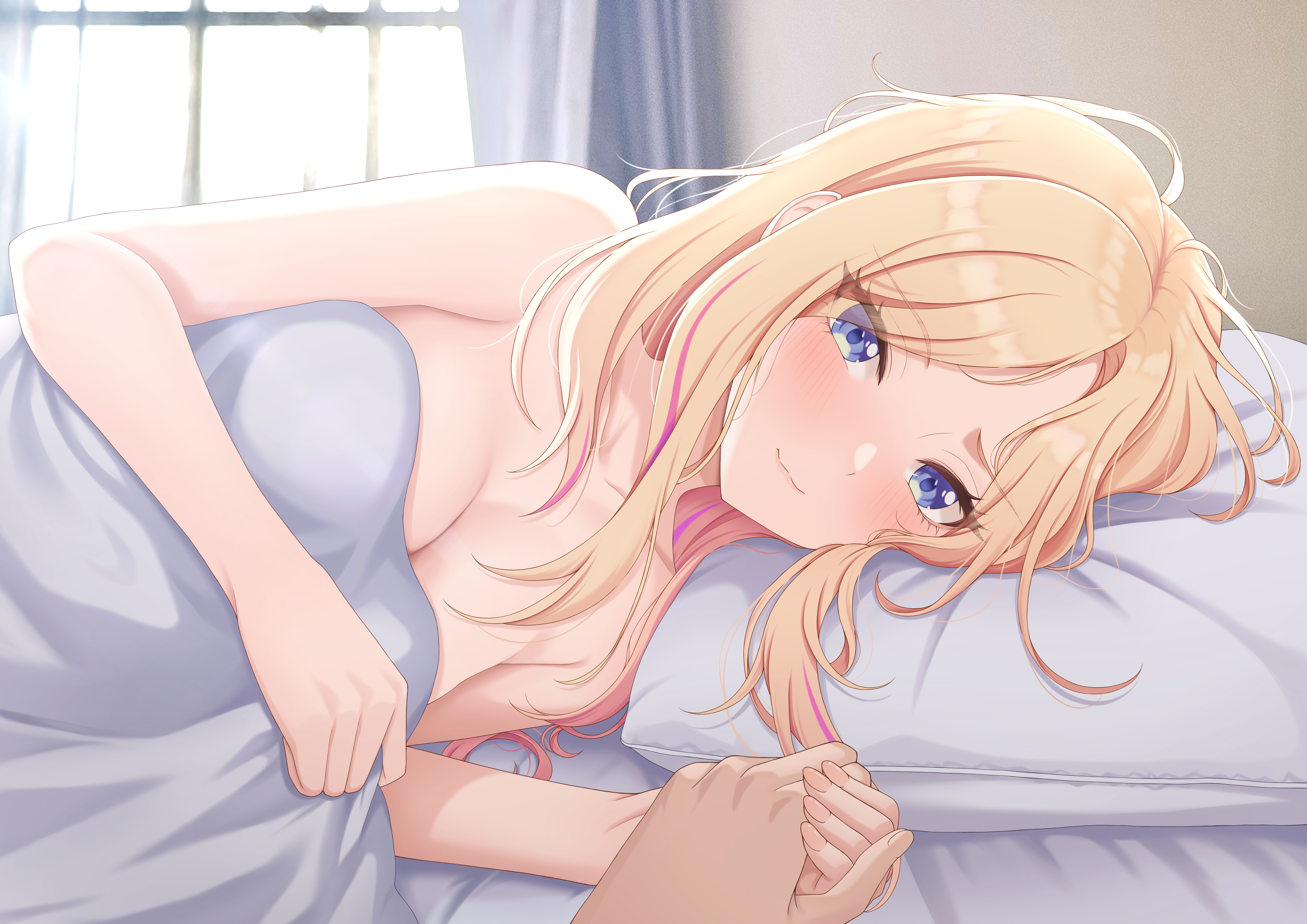 sulgi park, juo sena, gakuen idolmaster, idolmaster, absurdres, commentary request, highres, 1boy, 1girl, bed sheet, blonde hair, blue eyes, blush, breasts, completely nude, hetero, holding hands, looking at viewer, lying, medium breasts, nude, on side, pillow, pov, pov hands, smile, under covers, upper body