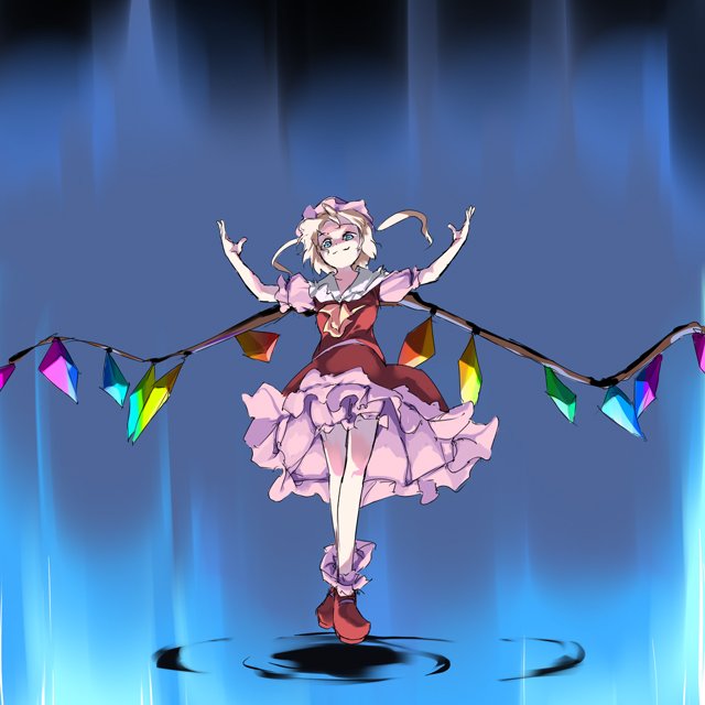 kotoba, kotoba (kotobato), flandre scarlet, touhou, 1girl, blouse, blue background, female focus, hat, shirt, short hair, solo, white shirt, wings