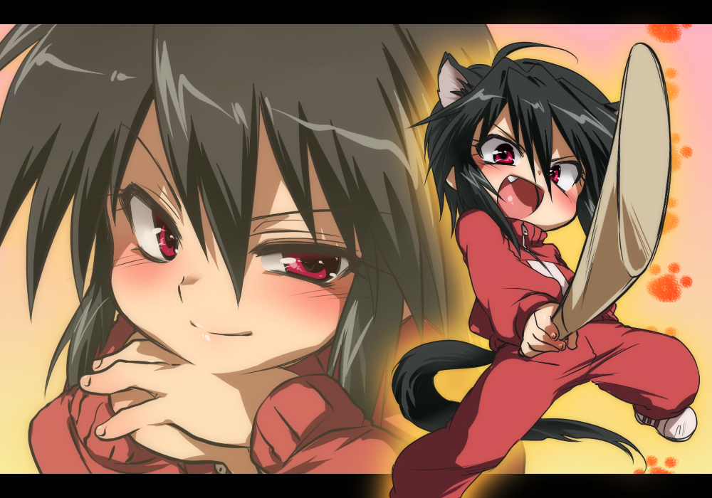 mochiko (x-game), ichinose nagi, nyan koi!, bad id, bad pixiv id, 00s, 1girl, animal ears, black hair, bokken, cat ears, cat tail, fang, letterboxed, red eyes, shoes, short hair, sidelocks, sneakers, sword, tail, track suit, weapon, wooden sword