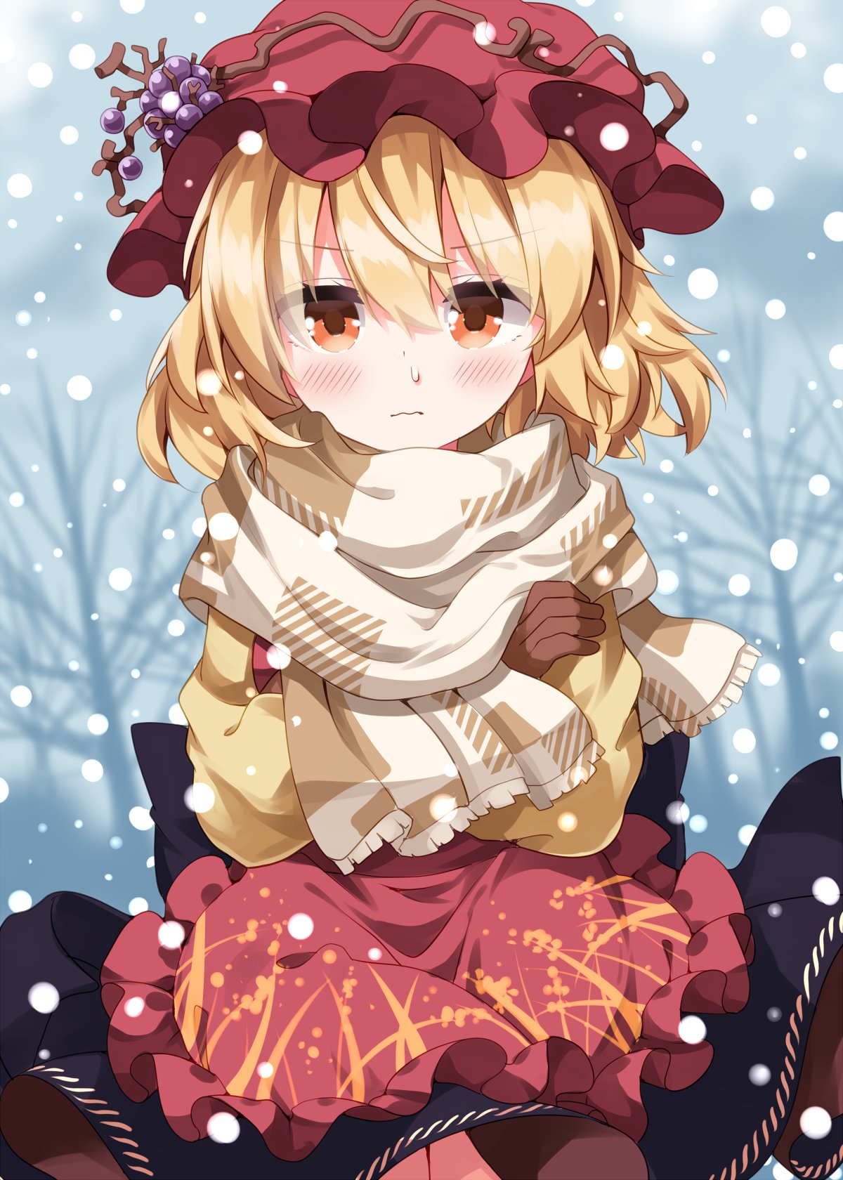 ruu (tksymkw), aki minoriko, touhou, commentary request, highres, 1girl, apron, black skirt, blonde hair, blush, brown gloves, brown scarf, closed mouth, cowboy shot, day, gloves, grape hat ornament, hair between eyes, hat, long sleeves, looking at viewer, mob cap, orange eyes, outdoors, red apron, red hat, scarf, short hair, skirt, snot, snowing, solo, sweater, winter, yellow sweater