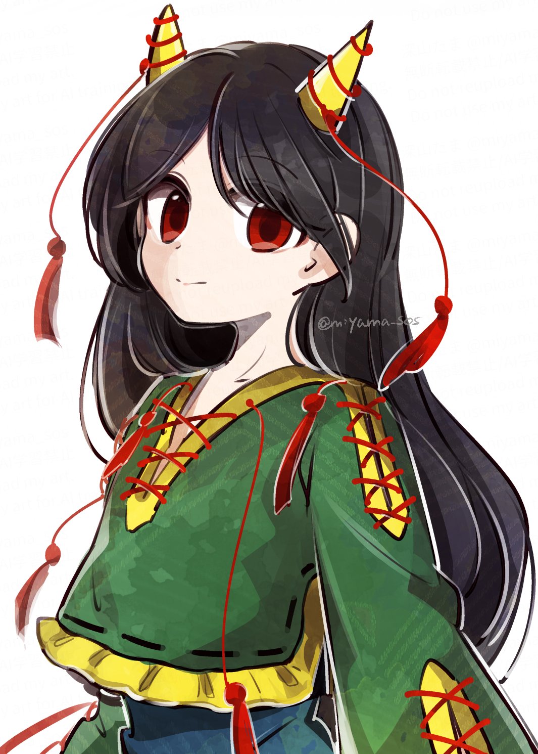 tama (hiroshige 36), nippaku zanmu, touhou, commentary, highres, 1girl, black hair, blue shorts, closed mouth, green shirt, horns, light smile, long hair, long sleeves, looking at viewer, parted bangs, red eyes, shirt, shorts, solo, twitter username, upper body, white background
