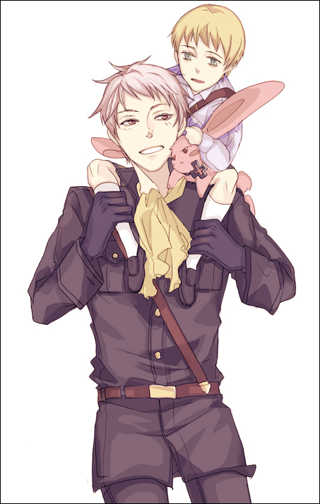 germany (hetalia), prussia (hetalia), axis powers hetalia, tagme, 00s, 2boys, aged down, belt, blonde hair, blue eyes, carrying, child, grin, male focus, military, military uniform, multiple boys, piggyback, rabbit, red eyes, smile, socks, white hair