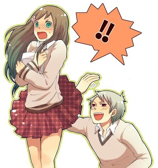 hungary (hetalia), prussia (hetalia), axis powers hetalia, !, !!, 00s, blush, brown hair, green eyes, open mouth, red eyes, school uniform, slapping, surprised, sweatdrop, white hair