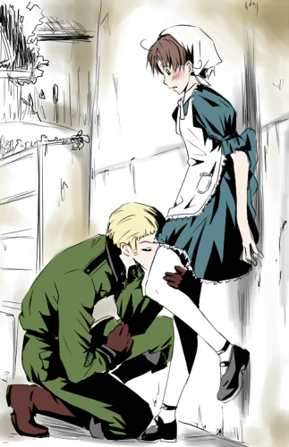 germany (hetalia), northern italy (hetalia), axis powers hetalia, lowres, 00s, 2boys, ahoge, blush, crossdressing, crossdressing (mtf), kneeling, maid, male focus, male maid, multiple boys, on one knee, trap, yaoi