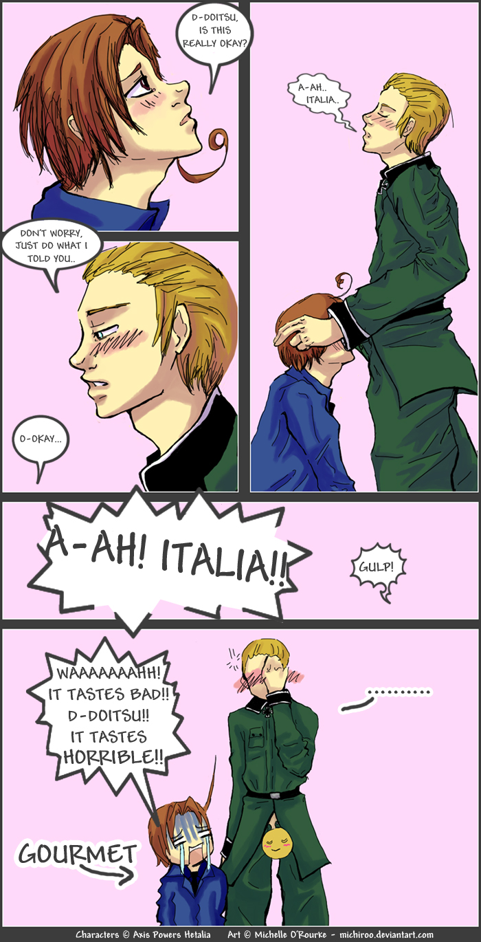 michelle o'rourke, germany (hetalia), northern italy (hetalia), axis powers hetalia, english, uniform, highres, tagme, 2boys, ahoge, blonde hair, blue eyes, blush, brown eyes, brown hair, censored, comic, eye contact, fellatio, looking at another, military, military uniform, multiple boys, oral, yaoi