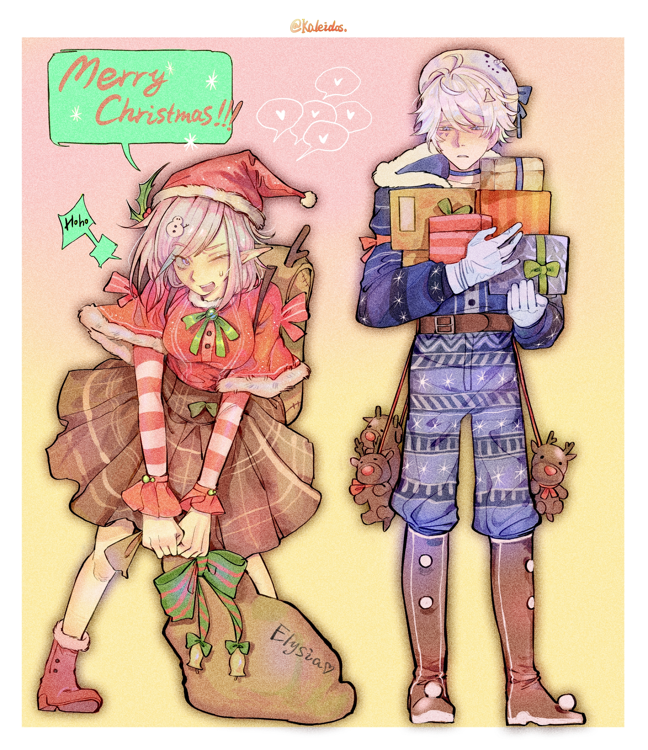 elysia (honkai impact), kevin kaslana, honkai (series), honkai impact 3rd, absurdres, commentary, english commentary, highres, 1boy, 1girl, blue eyes, boots, box, brown boots, brown skirt, elf, english text, gift, gift box, gloves, hat, heart, holding, holding gift, kaleidos, merry christmas, pants, pink hair, pointy ears, purple pants, purple sweater, red boots, red shirt, santa hat, shirt, skirt, smile, speech bubble, spoken heart, sweater, white gloves, white hair