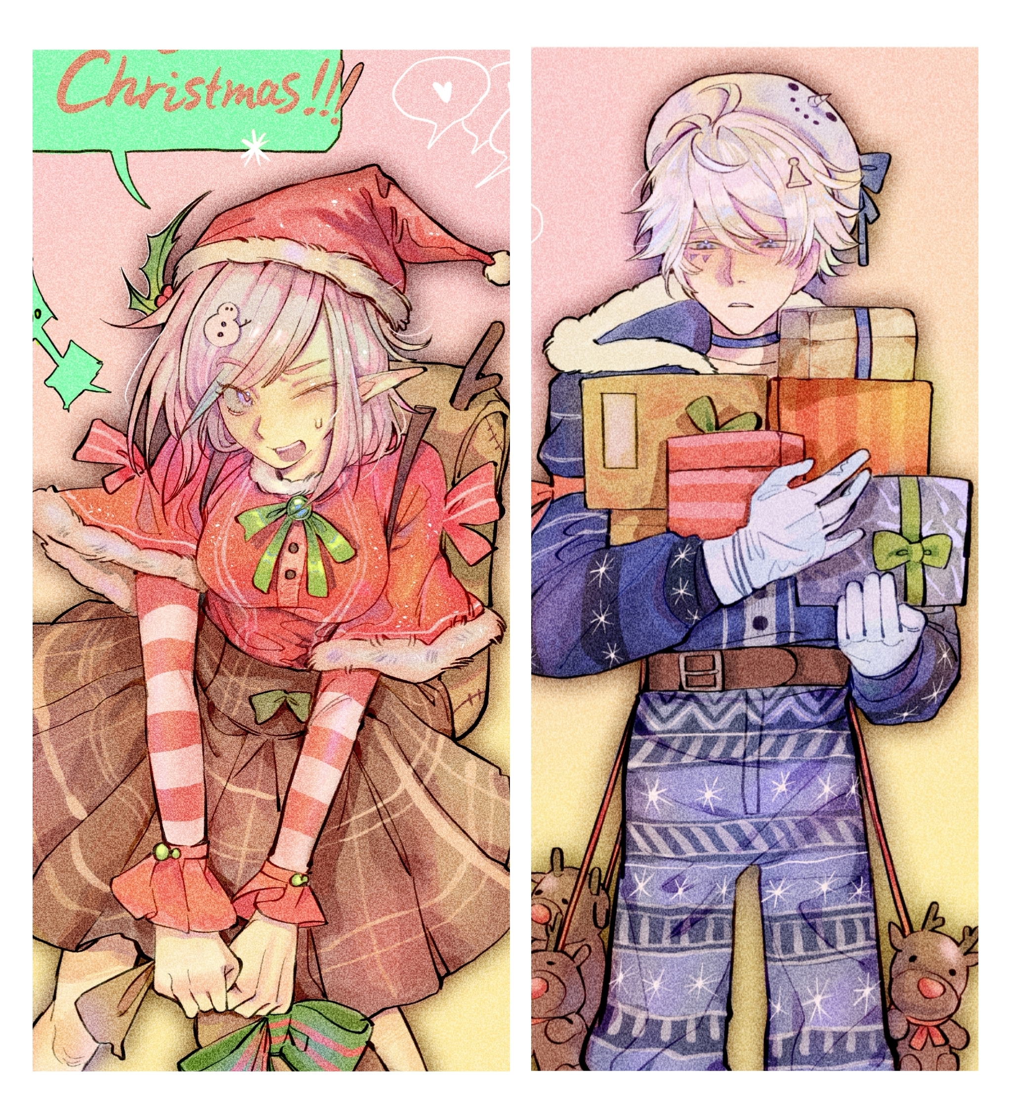 elysia (honkai impact), kevin kaslana, honkai (series), honkai impact 3rd, commentary, english commentary, highres, 1boy, 1girl, blue eyes, boots, border, box, brown boots, brown skirt, elf, english text, gift, gift box, gloves, hat, heart, holding, holding gift, kaleidos, merry christmas, pants, pink hair, pointy ears, purple pants, purple sweater, red boots, red shirt, santa hat, shirt, skirt, smile, speech bubble, spoken heart, sweater, white border, white gloves, white hair