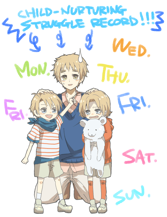 america (hetalia), canada (hetalia), kumajirou (hetalia), united kingdom (hetalia), axis powers hetalia, 00s, 3boys, aged down, bear, blonde hair, blue eyes, child, hood, hoodie, kneehighs, male focus, multiple boys, open mouth, shirt, shorts, smile, socks, striped clothes, striped shirt, stuffed animal, stuffed toy, sweatdrop, sweater vest, tears, teddy bear, thick eyebrows, vest, yellow eyes