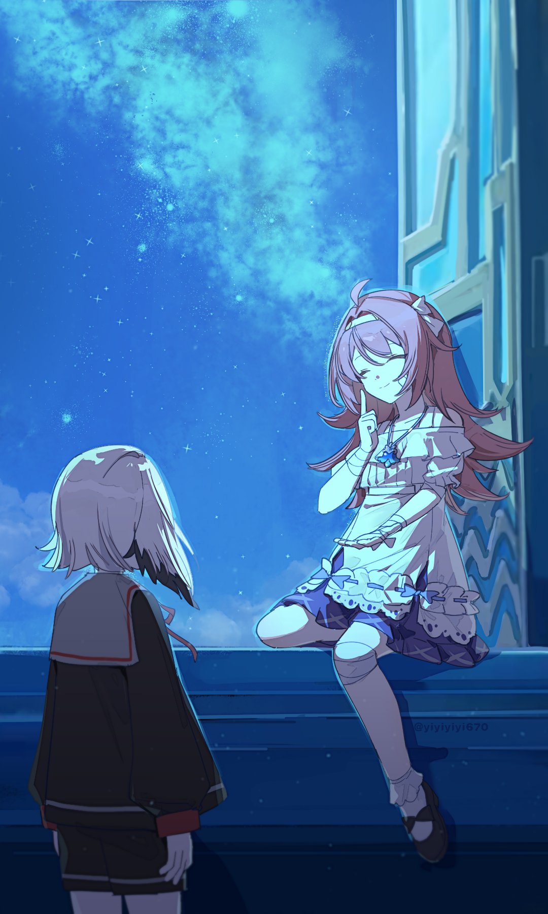 yiyiyiyi670, arlecchino (genshin impact), clervie (genshin impact), peruere (genshin impact), genshin impact, commentary, english commentary, highres, 2girls, bandage on knee, bandaged wrist, bandages, bandaid, bandaid on face, black hair, black shirt, black shoes, black shorts, closed eyes, closed mouth, dress, hairband, index finger raised, jewelry, long hair, long sleeves, multicolored hair, multiple girls, necklace, night, open window, pendant, pink hair, shirt, shoes, short hair, shorts, sitting, sky, smile, socks, standing, star (sky), starry sky, streaked hair, twitter username, white dress, white hair, white socks, window