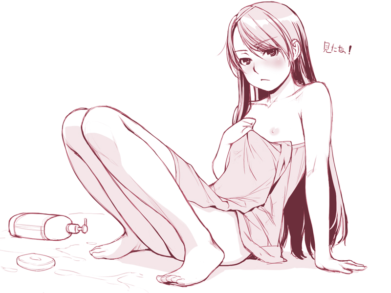 ino (magloid), mochizuki nonoka, otome function, 1girl, :<, barefoot, blush, feet, female focus, flat chest, knees together feet apart, loli, long hair, monochrome, nipples, puddle, soap, solo, towel