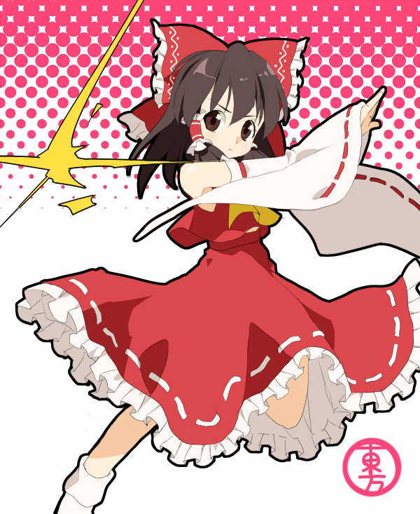 chise (pixiv18881), hakurei reimu, touhou, bad id, bad pixiv id, 1girl, female focus, halftone, halftone background, japanese clothes, miko, ribbon, short hair, skirt, solo, white background