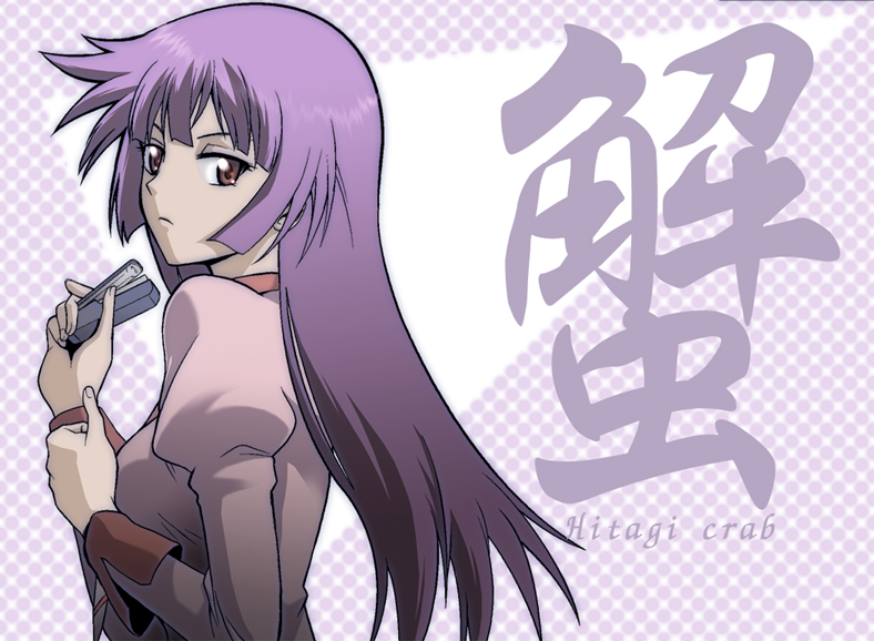 kikumaru bunta, senjougahara hitagi, bakemonogatari, monogatari (series), 00s, 1girl, brown eyes, female focus, long hair, purple hair, school uniform, solo, stapler