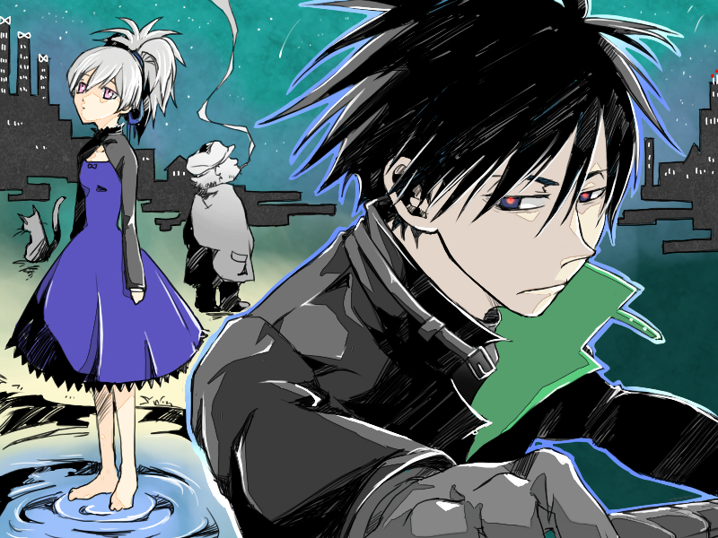 kittaka kaname, hei (darker than black), huang (darker than black), mao (darker than black), yin (darker than black), darker than black, silver hair, bad id, bad pixiv id, 00s, 1girl, 2boys, barefoot, black cat, black hair, blue dress, cat, dress, multiple boys, purple eyes, smoking