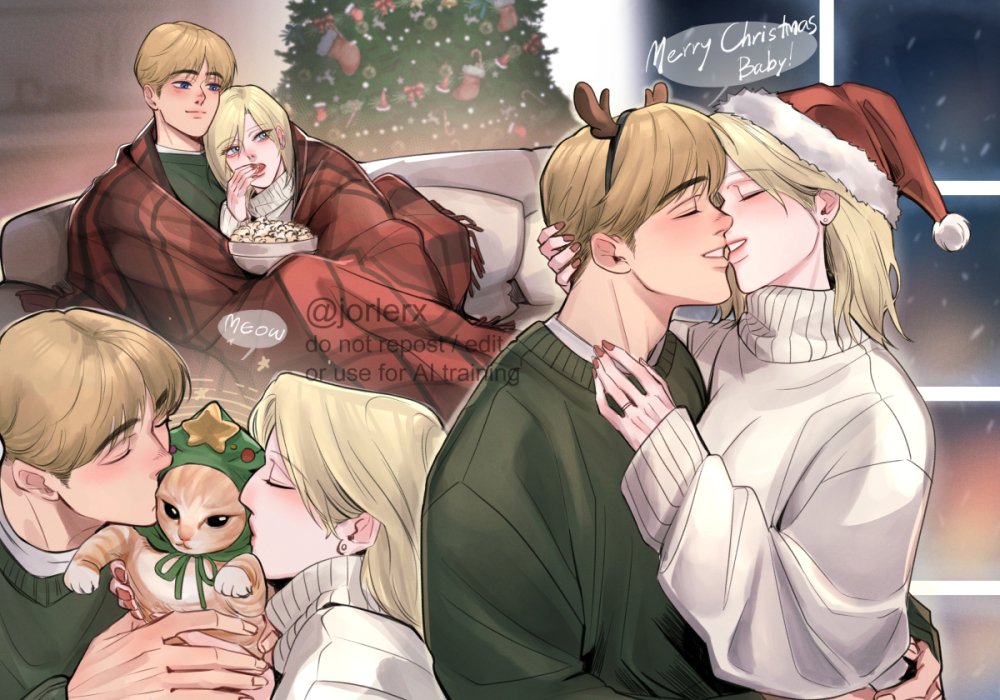 annie leonhart, armin arlert, shingeki no kyojin, commentary, english commentary, 1boy, 1girl, animal, arms around waist, blanket, blonde hair, blush, breasts, cat, christmas tree, closed eyes, couple, cuddling, earrings, fake antlers, food, grey sweater, hand in another's hair, hand on another's chest, hat, hetero, holding, holding animal, holding cat, imminent kiss, jewelry, jorlerx, medium breasts, medium hair, merry christmas, multiple views, parted lips, plaid blanket, popcorn, santa hat, short hair, stud earrings, sweater, twintails, under covers, white sweater