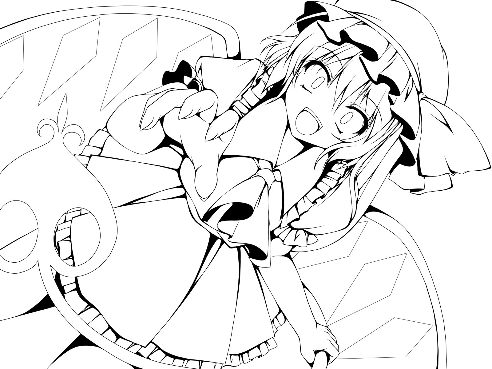 kamiya tomoe, flandre scarlet, touhou, highres, 1girl, crazy eyes, dress, dutch angle, female focus, frills, greyscale, hat, lineart, monochrome, open mouth, outstretched hand, reaching, ribbon, short hair, side ponytail, simple background, solo, white background, wings, yandere