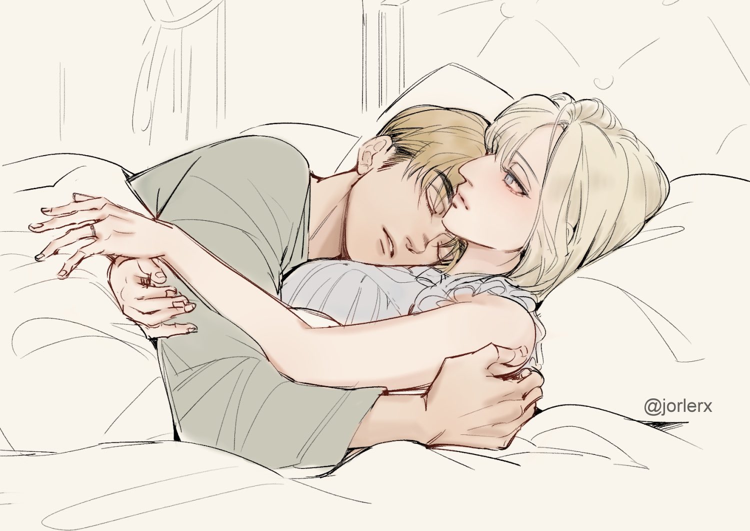 annie leonhart, armin arlert, shingeki no kyojin, commentary, english commentary, 1boy, 1girl, bare arms, bare shoulders, blonde hair, breasts, couple, cuddling, frilled sleeves, frills, grey shirt, hair between eyes, headboard, hetero, holding another's arm, jorlerx, long sleeves, medium breasts, medium hair, on bed, parted bangs, parted lips, pillow, shirt, short hair, sleeping, twitter username, under covers, upper body