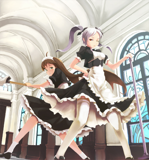 kawa akira, 2girls, ahoge, brown hair, hairband, maid, mop, multiple girls, one eye closed, purple hair, thighhighs, twintails, wink