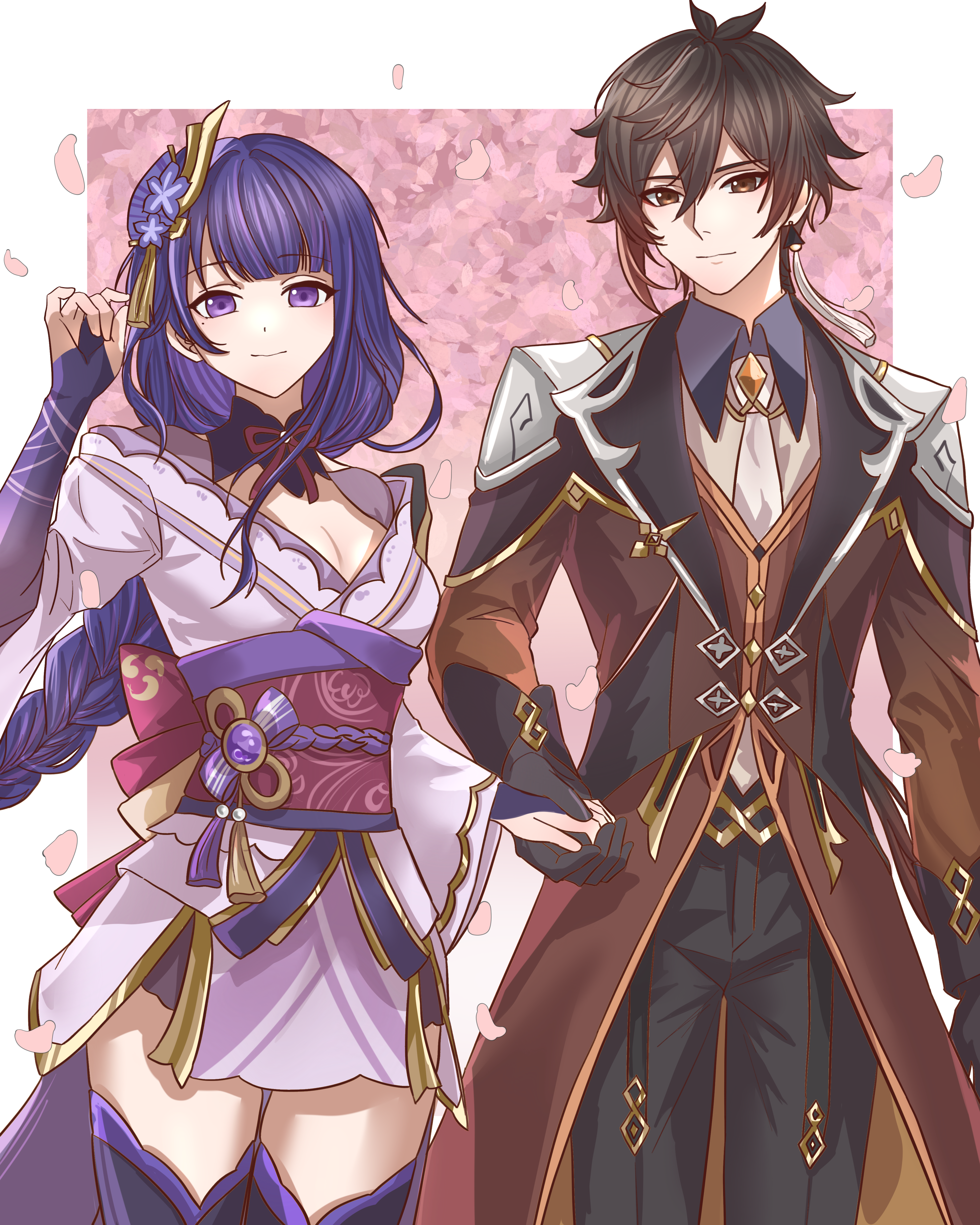 feizhoudaqiuzhangperper, raiden shogun, zhongli (genshin impact), genshin impact, absurdres, chinese commentary, commentary request, highres, 1boy, 1girl, black pants, blunt bangs, breasts, bridal gauntlets, brown eyes, brown hair, brown suit, cherry blossoms, chinese clothes, cleavage, closed mouth, collared shirt, couple, earrings, falling petals, fan hair ornament, formal clothes, gloves, hair between eyes, hair ornament, head tilt, japanese clothes, jewelry, kimono, large breasts, light smile, lingerie, long sleeves, looking at viewer, low ponytail, mole, mole under eye, multicolored hair, neck ribbon, necktie, off shoulder, pants, petals, pink background, pink petals, ponytail, purple eyes, purple hair, purple kimono, red ribbon, red sash, ribbon, sash, shade, shirt, standing, streaked hair, suit, thighhighs, underwear, upper body, wide sleeves