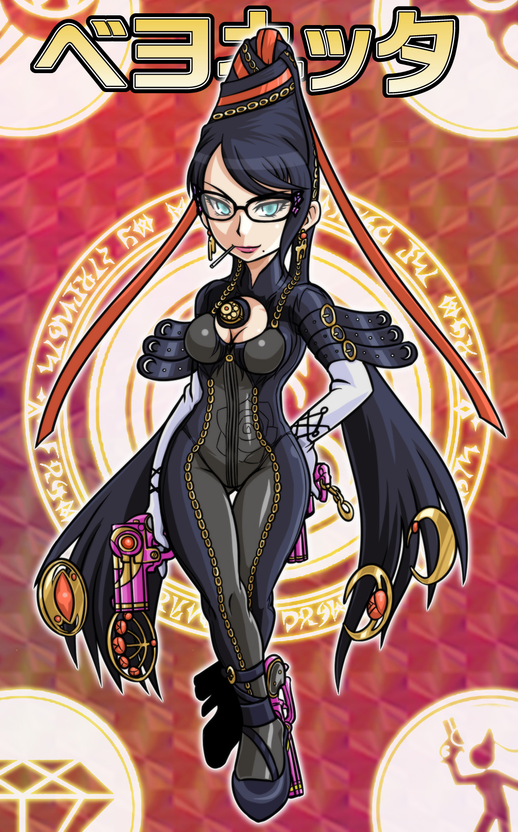 tonda, bayonetta, bayonetta (series), bayonetta 1, shinrabanshou, highres, 1girl, black hair, blue eyes, cleavage cutout, clothing cutout, female focus, full body, glasses, gun, hair ribbon, lipstick, makeup, mole, mole under mouth, parody, ribbon, solo, weapon