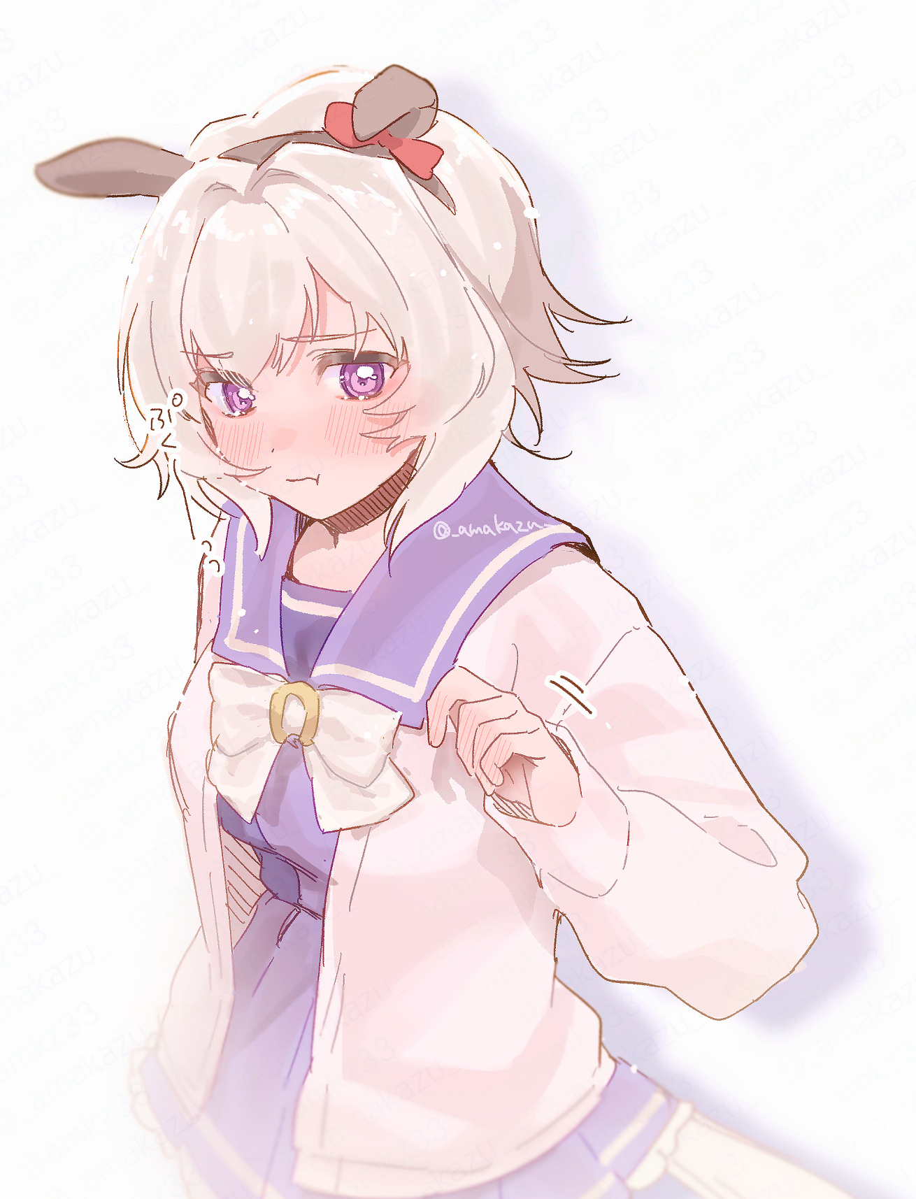 amakazu 33, curren chan (umamusume), umamusume, commentary request, highres, 1girl, animal ears, blush, bow, bowtie, cardigan, closed mouth, ear bow, ear covers, grey hair, horse ears, horse girl, horse tail, horseshoe ornament, looking at viewer, open cardigan, open clothes, purple eyes, purple sailor collar, purple shirt, purple skirt, red bow, sailor collar, sailor shirt, shirt, short hair, simple background, skirt, solo, tail, white background, white bow, white bowtie, white cardigan