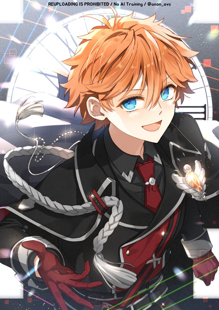 trianon, akehoshi subaru, ensemble stars!, commentary request, 1boy, black jacket, blue eyes, gloves, hair between eyes, jacket, long sleeves, looking at viewer, male focus, necktie, official alternate costume, open mouth, orange hair, outstretched arm, red gloves, red necktie, short hair, smile, solo, tassel, tongue, upper body