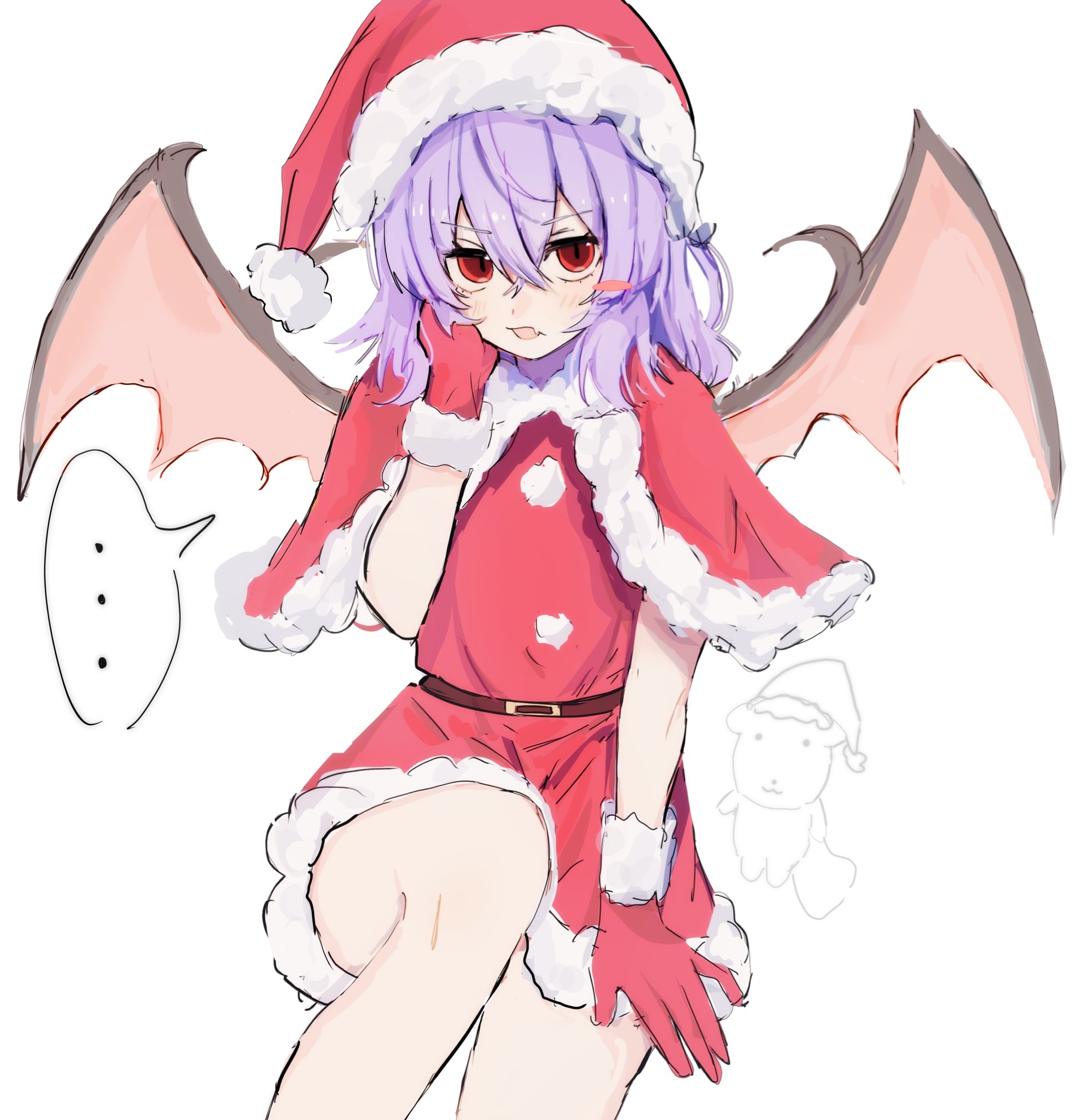 ebuna, remilia scarlet, touhou, commentary request, highres, …, 1girl, bat wings, belt, blush, capelet, dress, fang, gloves, hair between eyes, hand on own cheek, hand on own face, hat, looking at viewer, medium hair, parted lips, purple hair, red capelet, red dress, red eyes, red gloves, santa costume, santa dress, santa hat, skin fang, solo, speech bubble, white background, wings