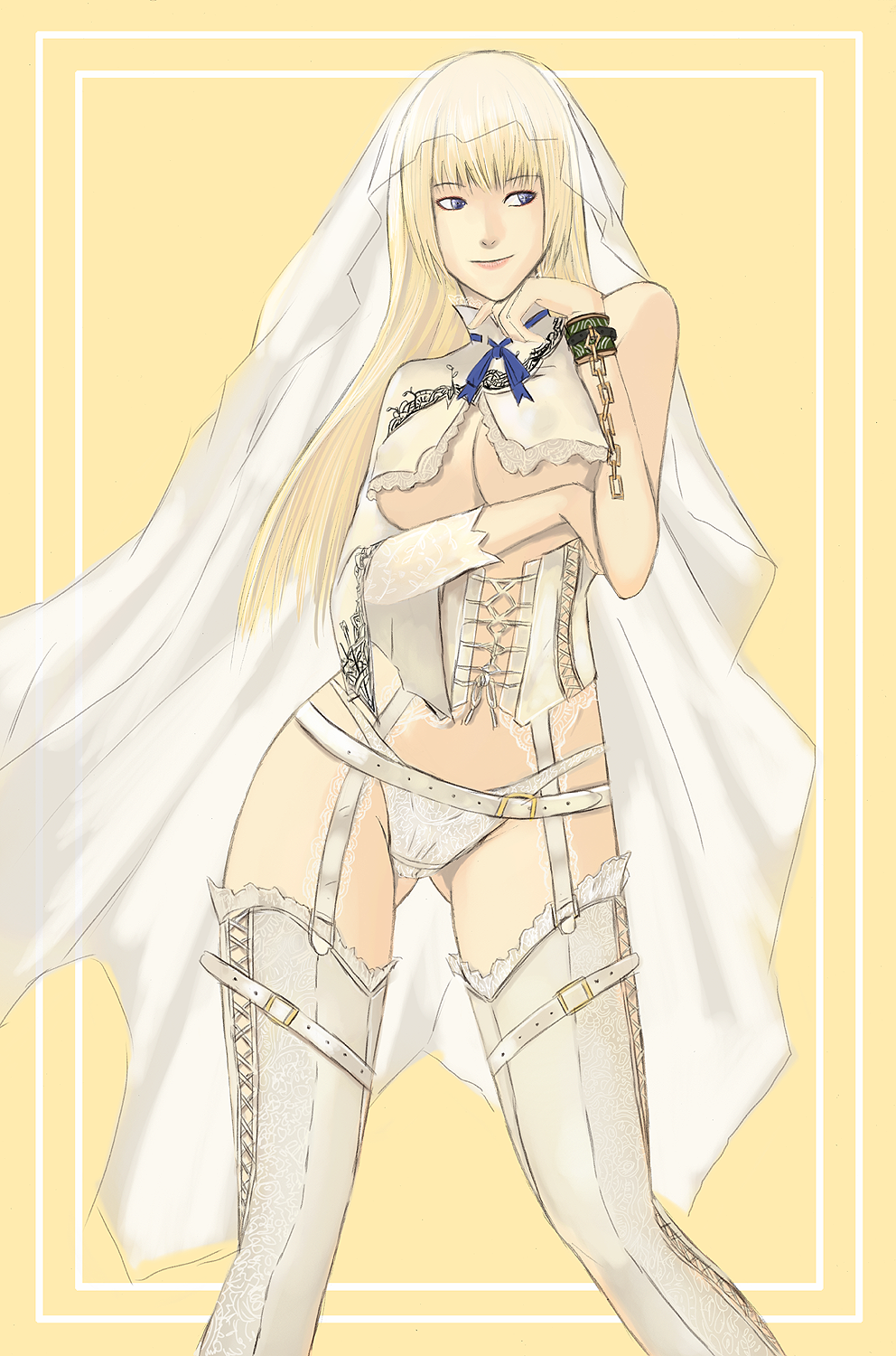 furubokko, emilie de rochefort, tekken, highres, 1girl, alternate costume, belt, belt skirt, blonde hair, blue eyes, breasts, bridal veil, bride, chain, corset, dress, female focus, garter straps, large breasts, lingerie, long hair, panties, solo, thigh strap, thighhighs, underboob, underwear, veil, wedding dress