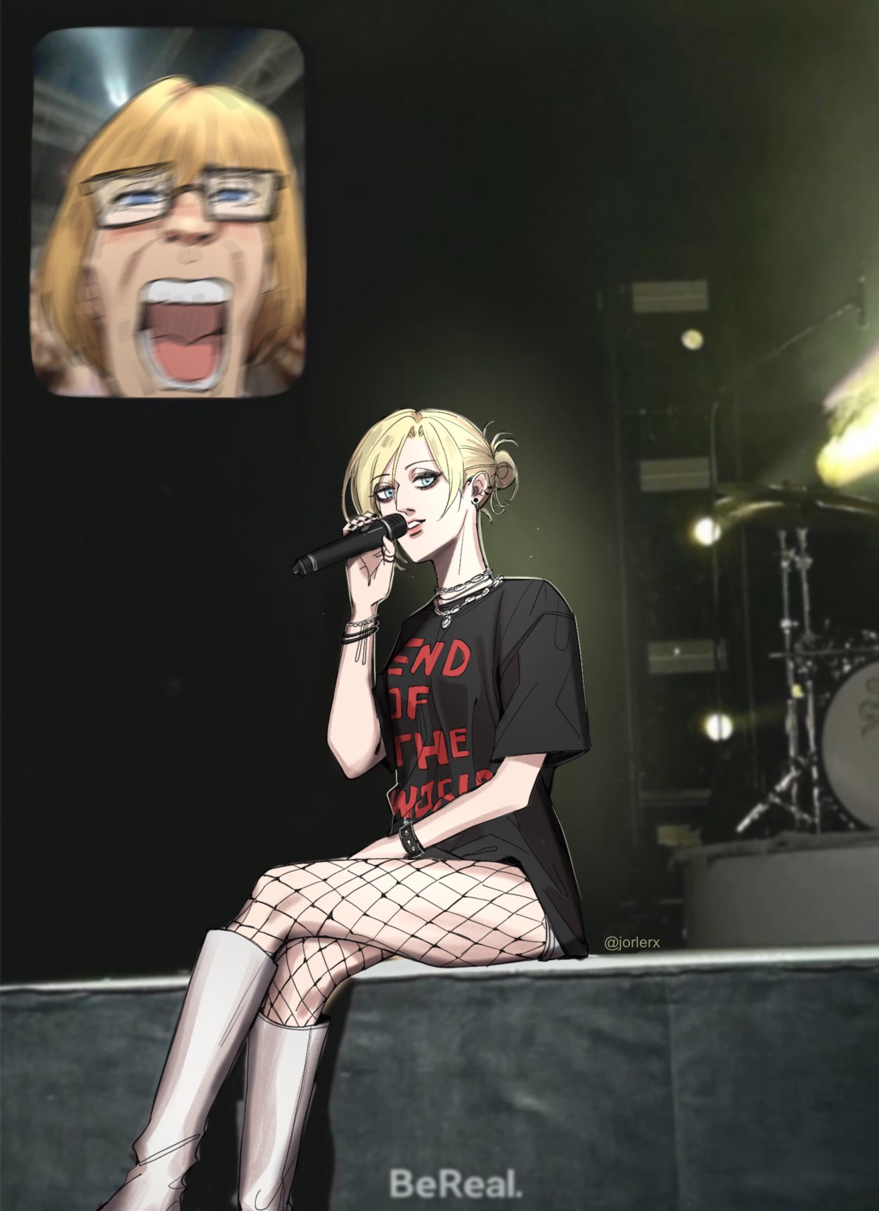 annie leonhart, armin arlert, shingeki no kyojin, commentary, derivative work, english commentary, highres, 1boy, 1girl, black shirt, blonde hair, blue eyes, boots, bracelet, breasts, crossed legs, drum, drum set, fan screaming at madison beer (meme), feet out of frame, fishnet pantyhose, fishnets, glasses, hair bun, holding, holding microphone, instrument, jewelry, jorlerx, long shirt, medium breasts, medium hair, meme, microphone, music, necklace, open mouth, pantyhose, parted bangs, parted lips, photo background, print shirt, shirt, shouting, singing, studded bracelet, t-shirt, updo, white boots
