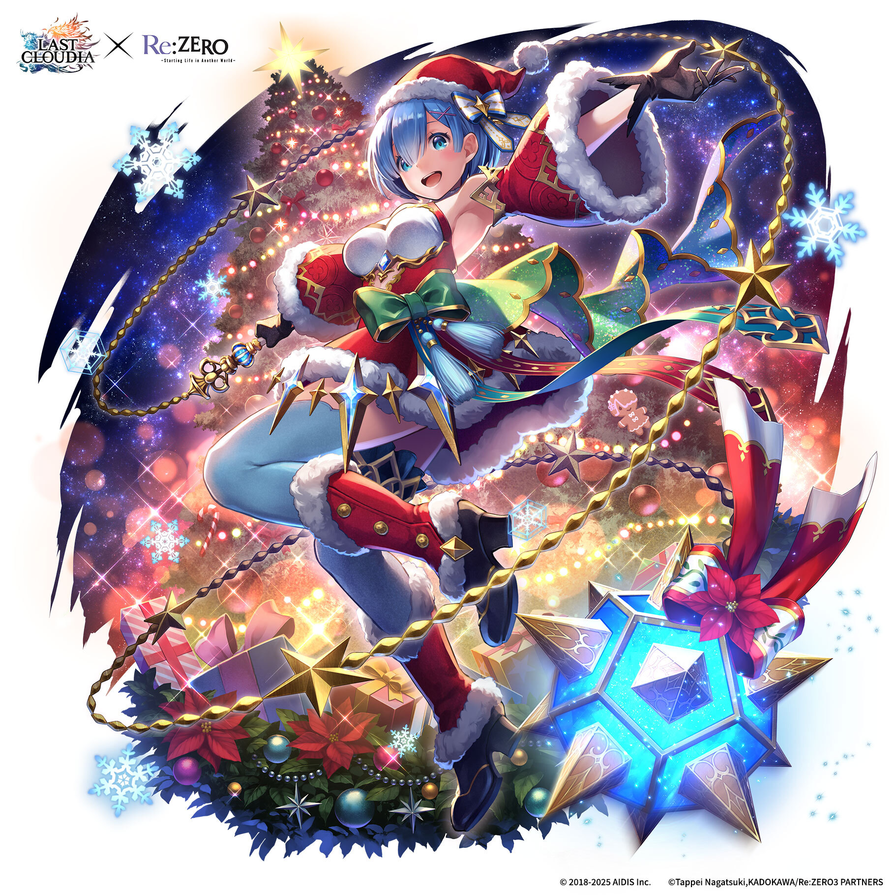 rem (re:zero), last cloudia, re:zero kara hajimeru isekai seikatsu, blue gem, commentary, english commentary, highres, official art, second-party source, 1girl, ball and chain (weapon), black gloves, blue eyes, blue hair, bow, box, breasts, christmas, christmas ornaments, christmas present, christmas star, christmas tree, christmas wreath, crossover, detached sleeves, dress, full body, fur-trimmed dress, fur-trimmed headwear, fur-trimmed sleeves, fur trim, gem, gift, gift box, gloves, green bow, hair ornament, hair over one eye, hair ribbon, hat, looking at viewer, medium breasts, official alternate costume, open mouth, pink ribbon, ribbon, santa costume, santa dress, santa hat, short hair, snowflakes, solo, spiked ball and chain, star (sky), starry sky background, thighhighs, weapon, white thighhighs, wreath, x hair ornament