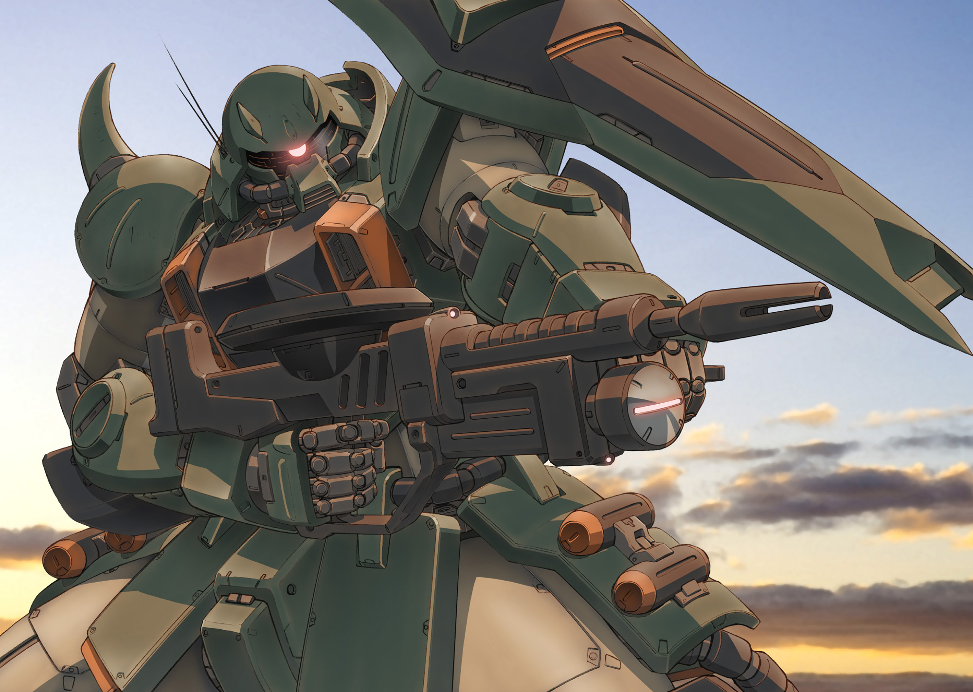 koma (snip), zaku, zaku warrior, gundam, gundam seed, gundam seed destiny, highres, 00s, gun, machine gun, mecha, no humans, outdoors, robot, sky, solo, weapon