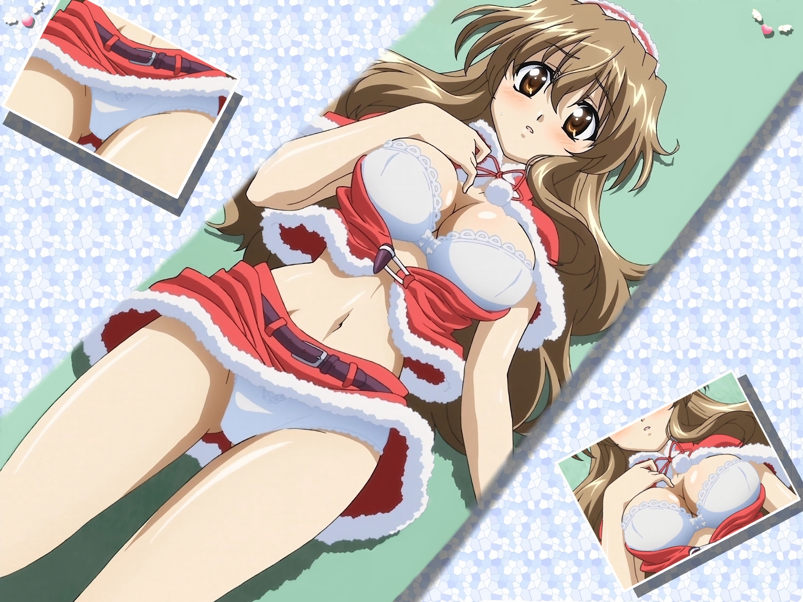 nogizaka haruka, nogizaka haruka no himitsu, highres, third-party edit, 00s, 1girl, blush, bra, breasts, brown eyes, brown hair, cleavage, female focus, large breasts, lingerie, long hair, midriff, navel, panties, pantyshot, santa costume, solo, underwear