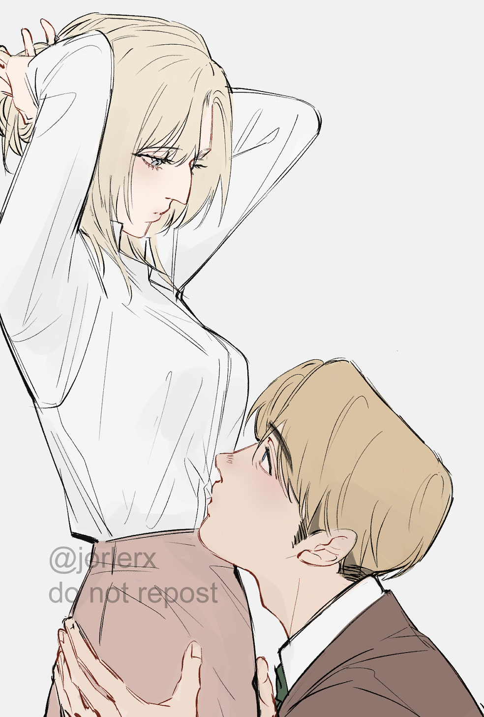 annie leonhart, armin arlert, shingeki no kyojin, highres, 1boy, 1girl, arms behind head, blonde hair, blue eyes, breasts, brown jacket, brown skirt, collared shirt, couple, grey background, hands in own hair, hands on another's waist, hetero, jacket, jorlerx, kissing stomach, medium breasts, medium hair, parted lips, shirt, shirt tucked in, short hair, skirt, white shirt