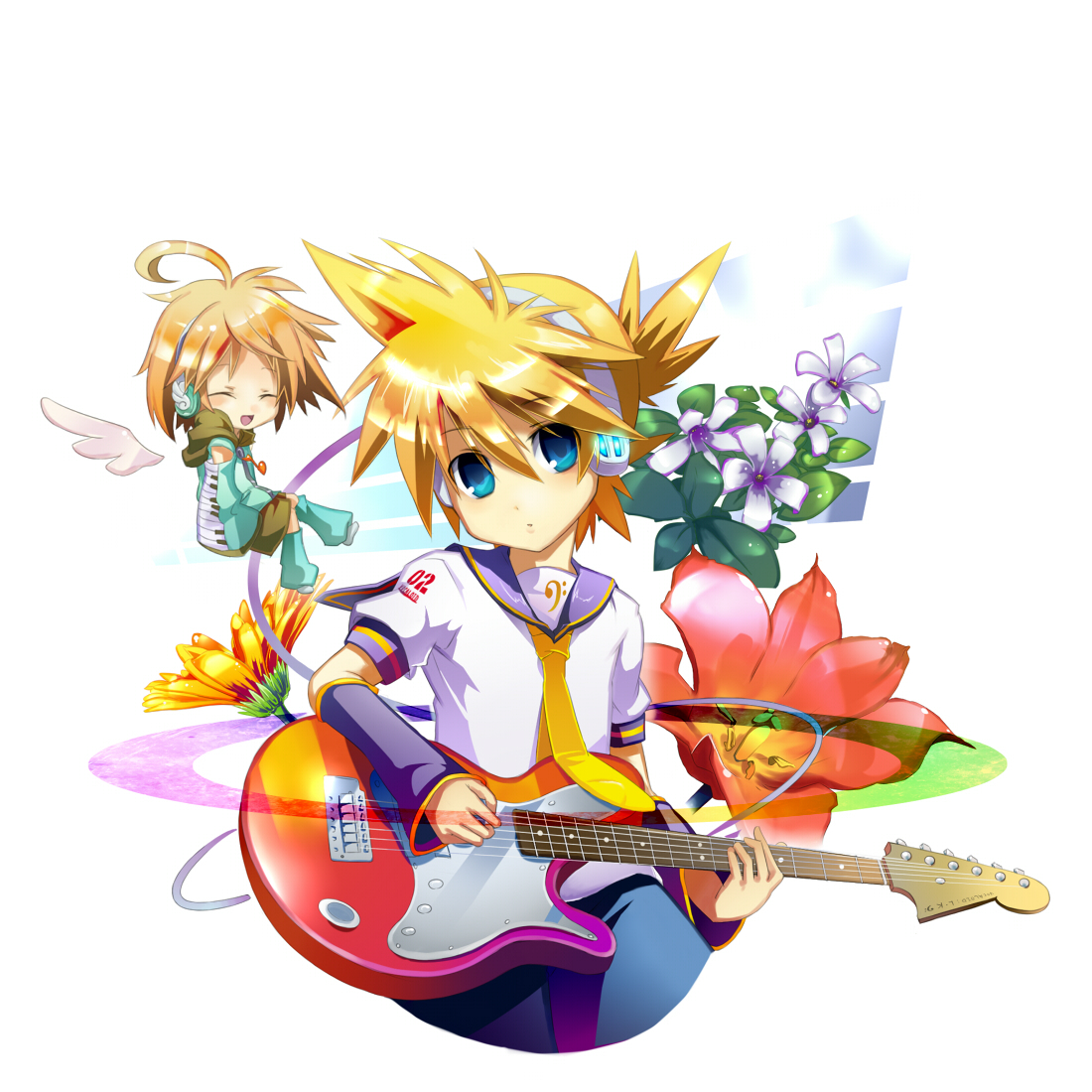 potchi, kagamine len, vocaloid, bad id, bad pixiv id, 2boys, ahoge, aqua eyes, blonde hair, detached sleeves, electric guitar, fender stratocaster, flower, guitar, headphones, instrument, male focus, multiple boys, necktie, short hair, yellow necktie