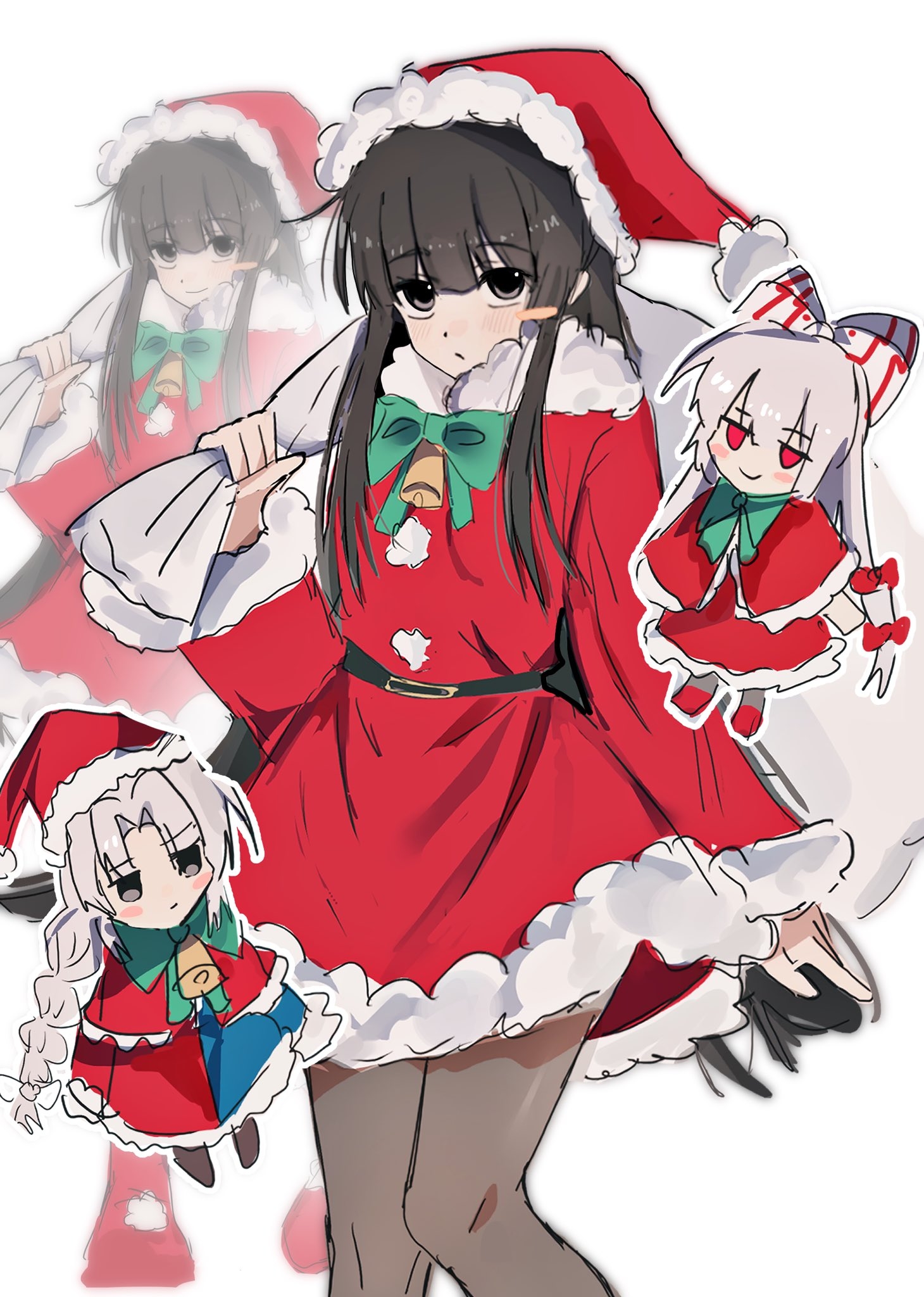 ebuna, fujiwara no mokou, houraisan kaguya, yagokoro eirin, touhou, commentary request, highres, 3girls, black hair, blue dress, blush, bow, braid, capelet, chibi, closed mouth, dress, expressionless, hair bow, hat, hime cut, holding, holding sack, long hair, long sleeves, looking at viewer, multiple girls, pantyhose, red capelet, red dress, sack, santa costume, santa dress, santa hat, short sleeves, smile, two-tone dress, very long hair, white hair