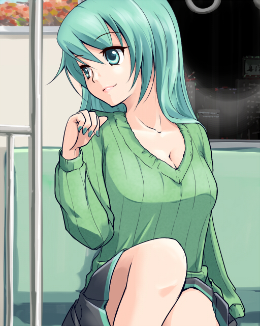 regdic, hatsune miku, vocaloid, 1girl, alternate hairstyle, aqua eyes, aqua hair, aqua nails, breasts, cleavage, female focus, green shirt, hair down, large breasts, lips, long hair, nail polish, ribbed sweater, shirt, sitting, skirt, smile, solo, sweater, twintails, v-neck