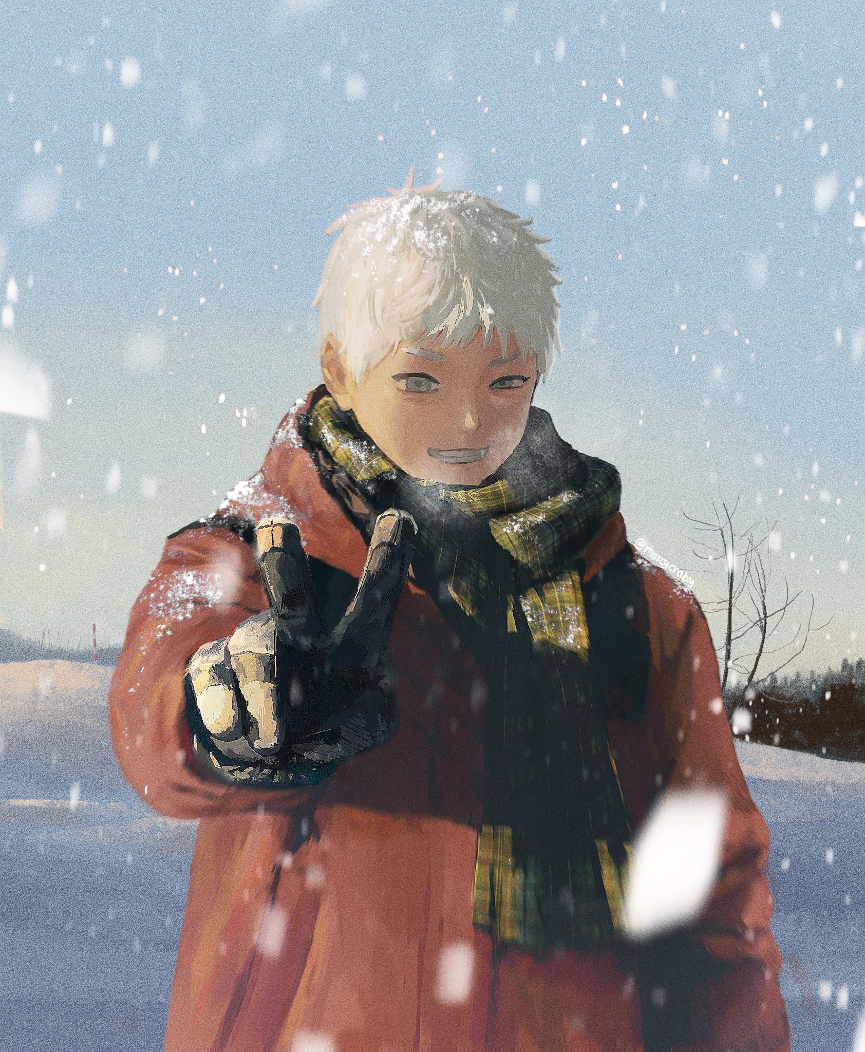 indou hikaru, hikaru ga shinda natsu, hashtag-only commentary, highres, 1boy, bare tree, black gloves, coat, cowboy shot, gloves, green scarf, grey eyes, grin, male focus, marcycraby, outdoors, red coat, scarf, short hair, sky, smile, snowing, standing, tree, v, water, white hair, winter clothes