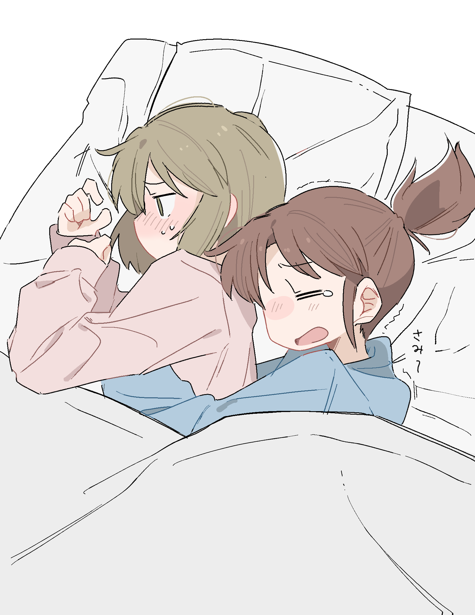 wichimi, nagumo midori, niikura (city), city (arawi keiichi), commentary, highres, 2girls, blue shirt, blush, brown hair, closed eyes, cuddling, multiple girls, open mouth, pillow, pink shirt, ponytail, shirt, sweat, under covers, yuri