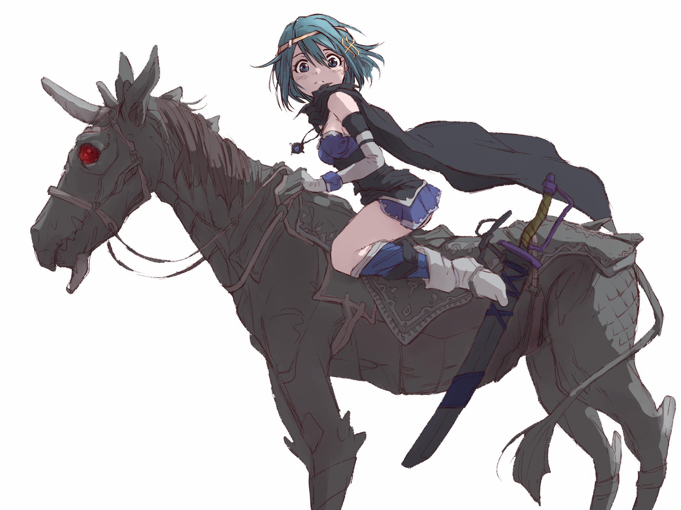 marutaya, miki sayaka, miki sayaka (magical girl), mahou shoujo madoka magica, commentary request, highres, 1girl, blue dress, blue eyes, blue hair, blush, breasts, detached sleeves, dress, four horsemen, from side, horseback riding, jewelry, looking at viewer, medium breasts, necklace, red eyes, riding, short hair, sleeveless, sleeveless dress, solo, sword, thighs, turning head, weapon