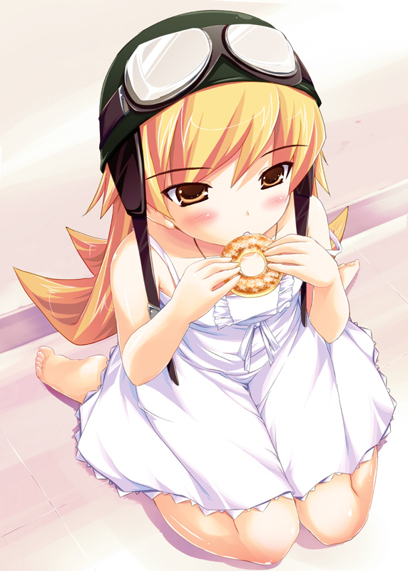 yuki usagi, oshino shinobu, bakemonogatari, monogatari (series), bad id, bad pixiv id, 00s, 1girl, barefoot, blonde hair, blush, brown eyes, child, donut, dress, eating, feet, female focus, food, from above, goggles, hair between eyes, hat, kneeling, long hair, on floor, seiza, sitting, soles, solo, strap slip, tiles, toes, wariza, white dress