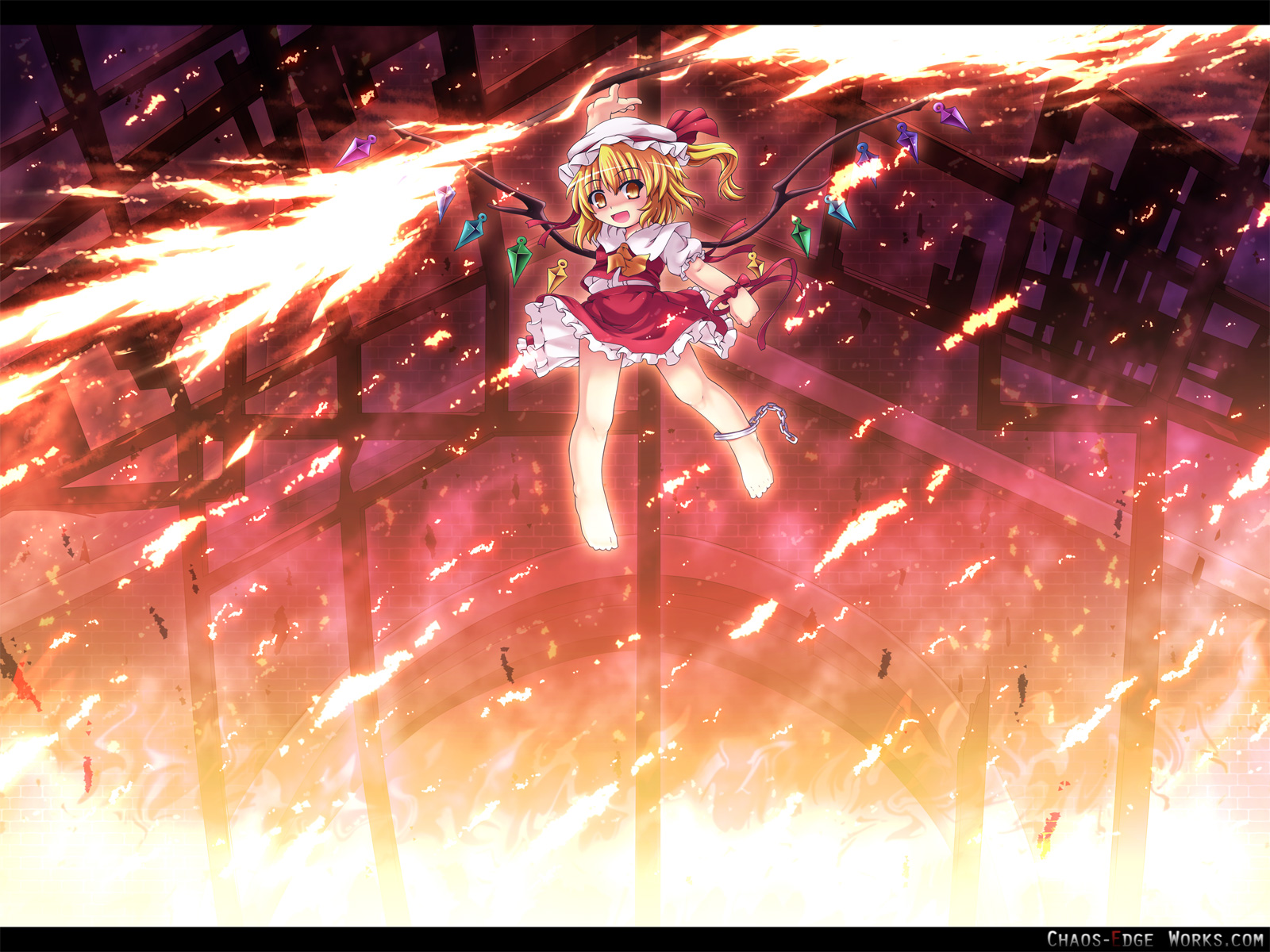 etogami kazuya, flandre scarlet, embodiment of scarlet devil, touhou, highres, 1girl, barefoot, blonde hair, female focus, fire, hat, letterboxed, ponytail, red eyes, short hair, side ponytail, solo, wings