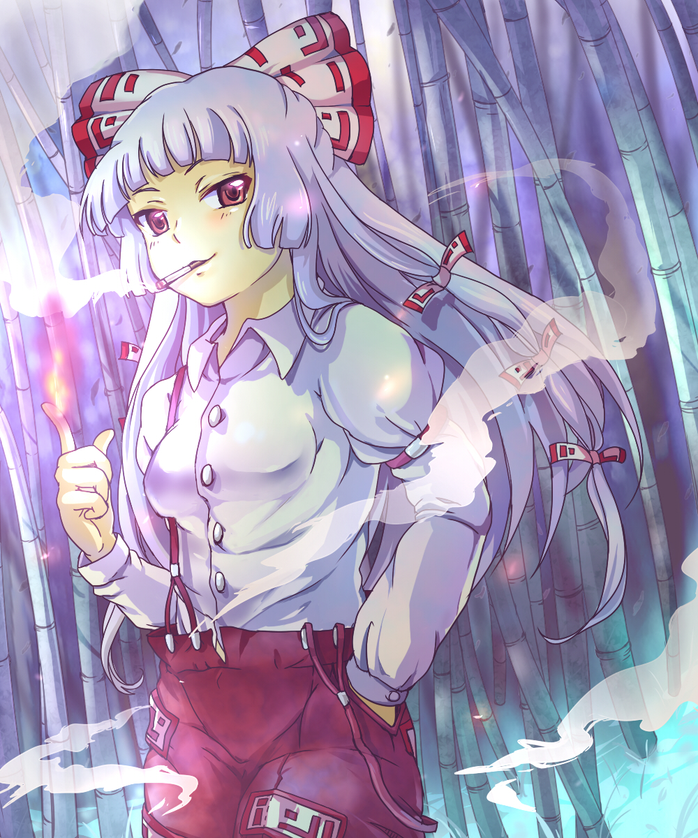yuko (artist), yuuyuu (yuko), fujiwara no mokou, touhou, silver hair, bad id, bad pixiv id, highres, 1girl, bamboo, bamboo forest, bow, cigarette, dress shirt, female focus, fire, forest, hair bow, hair ribbon, hands in pockets, hime cut, long hair, multiple hair bows, nature, ofuda, pants, pointing, red eyes, ribbon, shirt, smirk, smoke, smoking, solo, suspenders, tsurime