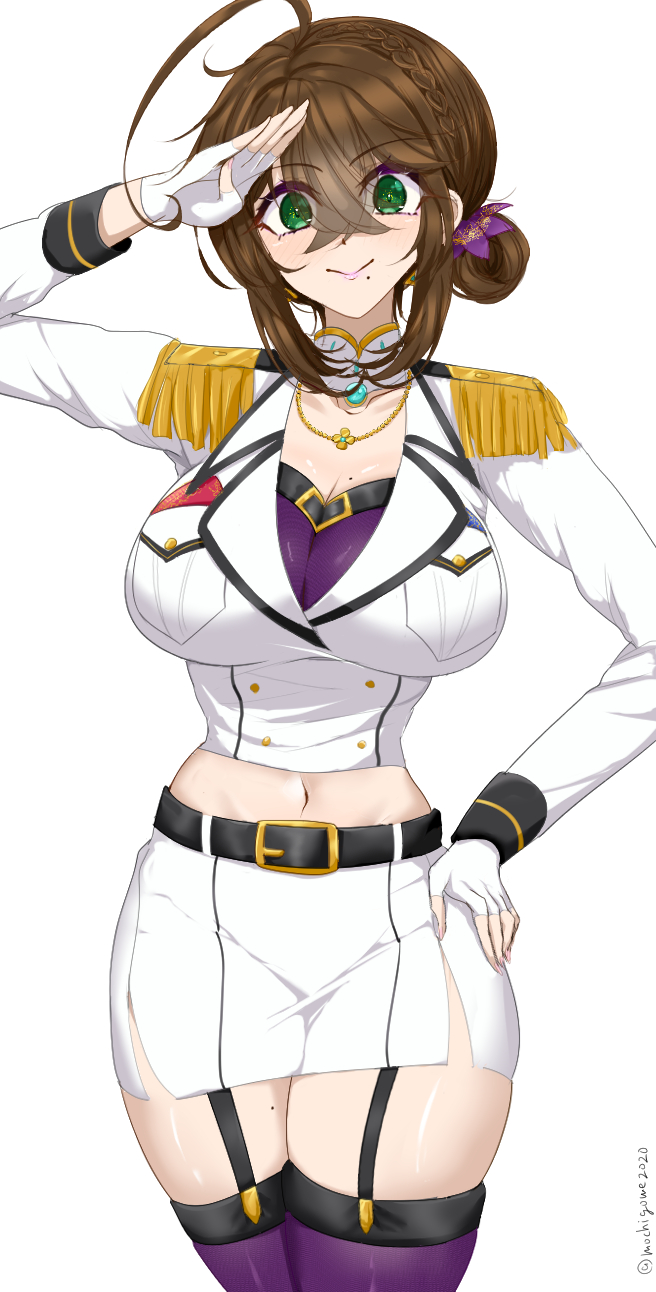 chamumi (mochiumee), female admiral (kancolle), kantai collection, commentary request, highres, 1girl, ahoge, breast pocket, breasts, brown hair, choker, epaulettes, fingerless gloves, folded ponytail, garter belt, gloves, green eyes, hand on own hip, jacket, large breasts, looking at viewer, midriff, military jacket, miniskirt, mole, mole on breast, mole under mouth, pencil skirt, pocket, salute, simple background, skirt, smile, solo, thighhighs, white background, white choker, white gloves, white jacket