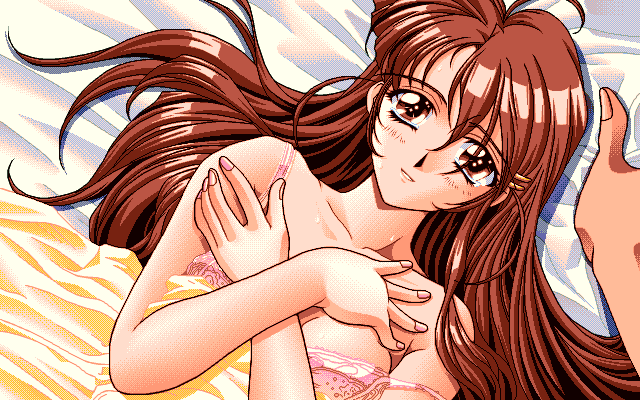 ookoshi hidetake, game cg, 1boy, 1girl, blush, bra, breasts, brown eyes, brown hair, crossed arms, from above, get! (black package), long hair, looking at viewer, lying, medium breasts, on back, on bed, pc-98 (style), pixel art, pov, sendou koharu, smile, under covers, underwear, white bra
