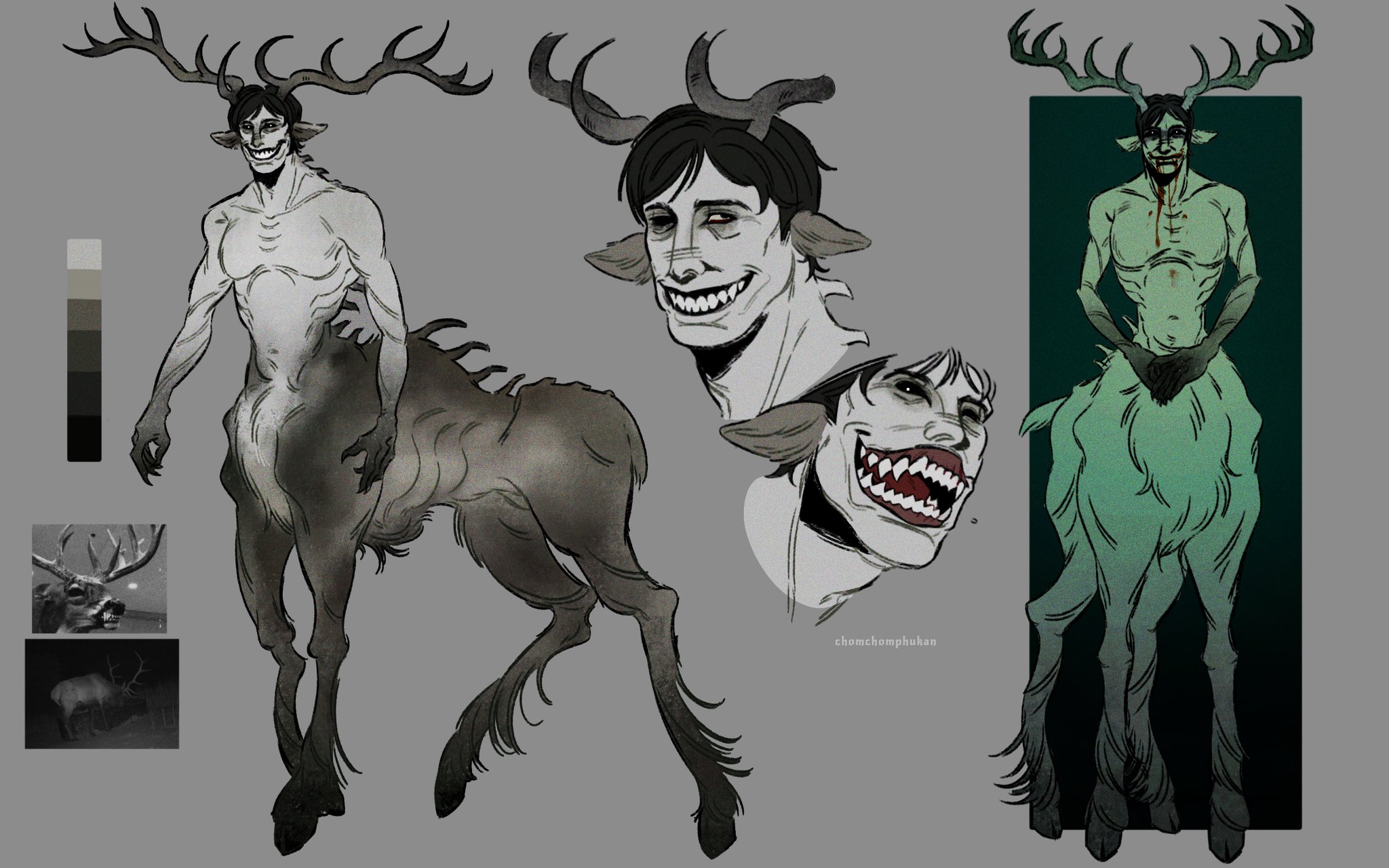 intruder (no i'm not a human), no i'm not a human, commentary, english commentary, highres, 1boy, antlers, black eyes, black hair, blood, blood on face, centaur, chomchomphu13, claws, grin, horns, looking at viewer, male focus, open mouth, reference inset, reference sheet, sharp teeth, short hair, smile, taur, teeth, topless male