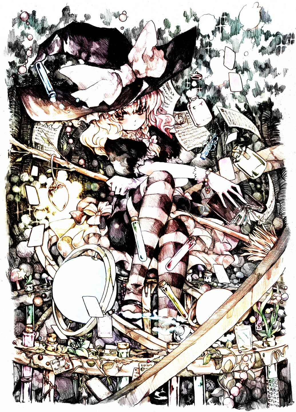 hanada hyou, kirisame marisa, touhou, artist request, highres, traditional media, 1girl, blush, bracelet, braid, broom, dress, female focus, gloves, hat, jewelry, lamp, leaf, legs, long hair, pale color, ribbon, short sleeves, socks, solo, witch, witch hat, yellow eyes